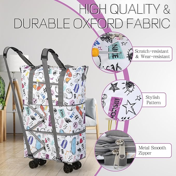 VOOWO Rolling Duffel Bag with Wheels - Foldable Expandable Duffle Bag with Wheels for Travel, Rolling Luggage Bag Carry On Bag with Wheel, Large Rolling Backpack Weekend Bag for Men Women (White)