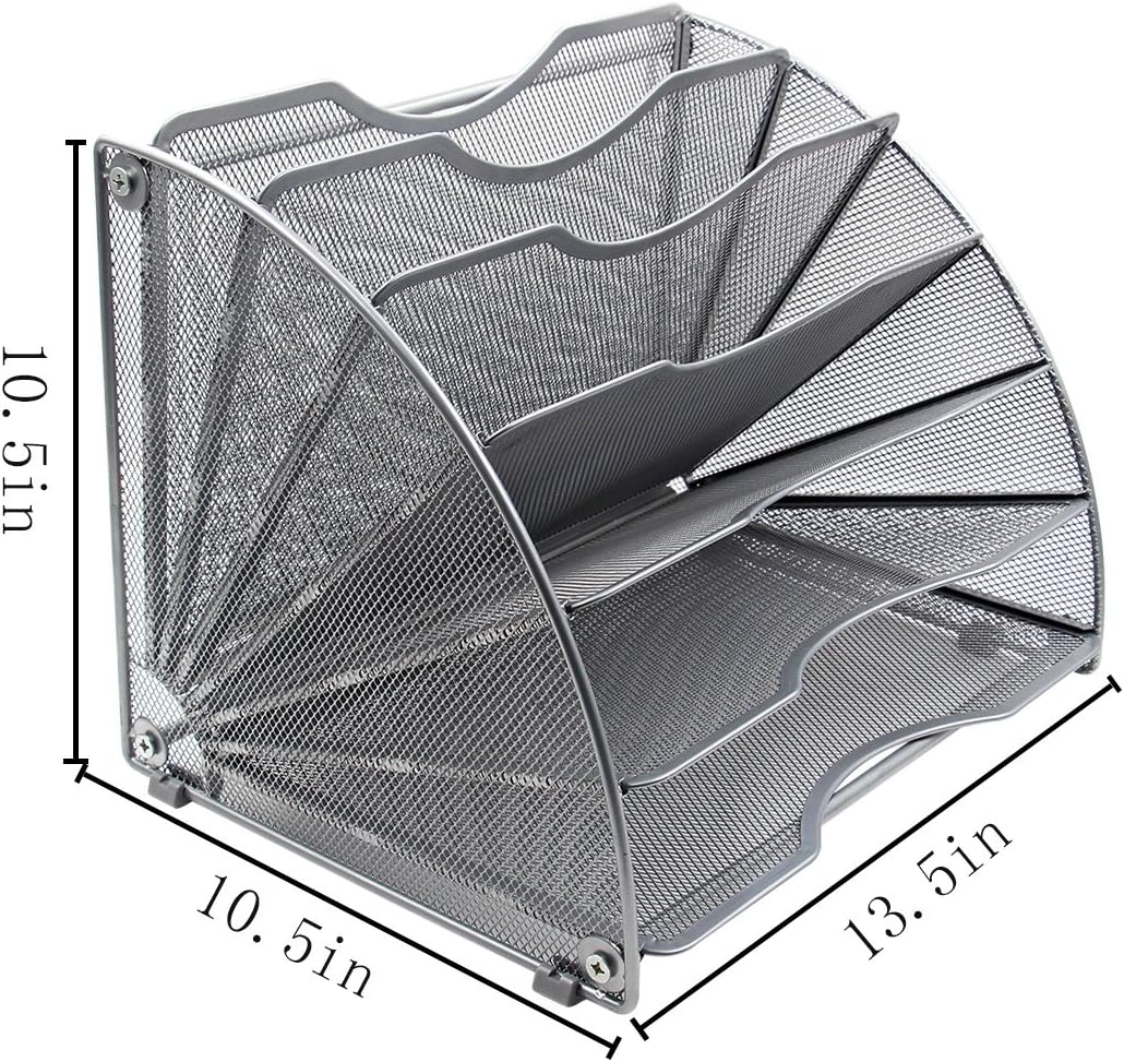 EasyPAG Desk File Organizer, 6-Section Vertical File Folder Holder Stand, Fan-Shaped Metal Rack File Sorter for Office Classroom Desktop Organization, Silver