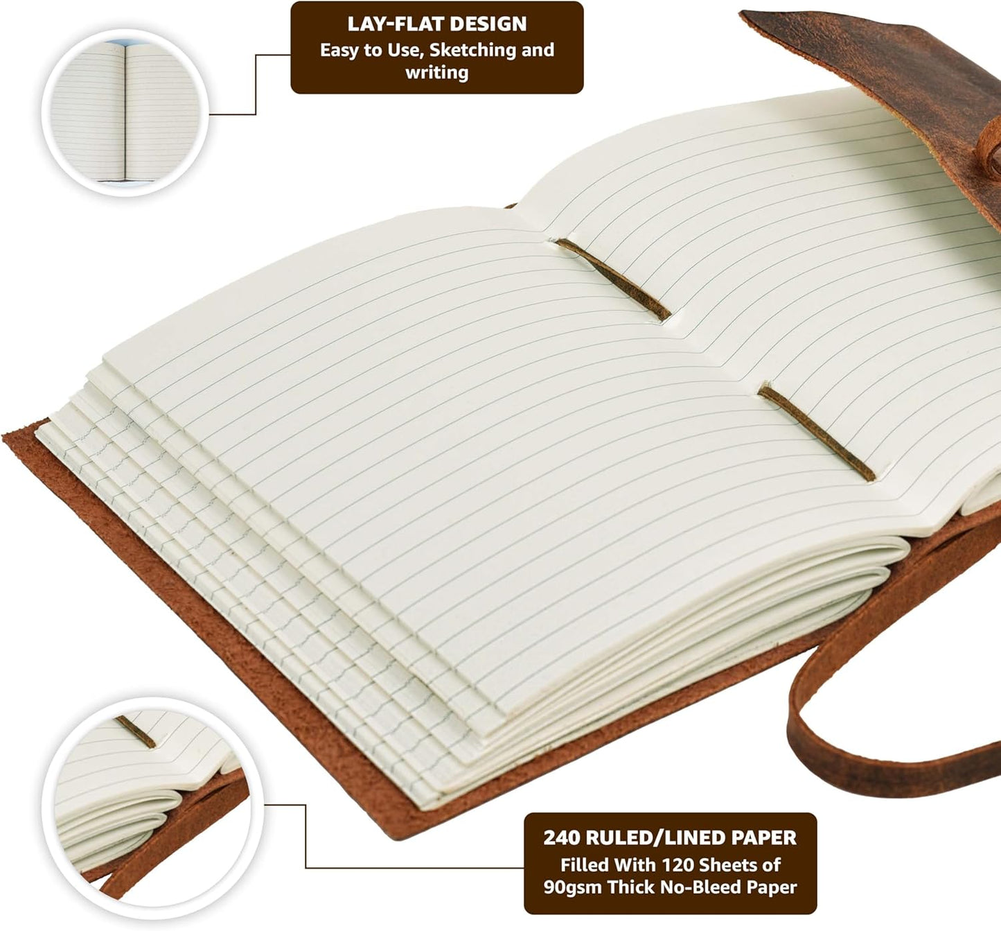 LEATHER VILLAGE Vintage Leather Journal 8"x6" - Brown | 240 Lined Pages | Rustic Notebook for Travel, Office & Personal Use | Handmade College Ruled Diary for Men & Women