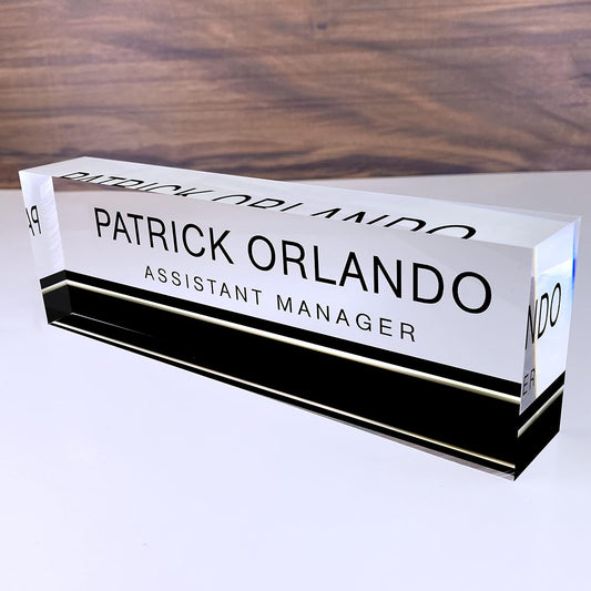 Artblox Office Desk Name Plate Personalized | Custom Name Plates for Desks on Acrylic Glass Decor | Office Desk Decor Nameplate | Desk Accessories | Black Stripe - (8" x 2.5")