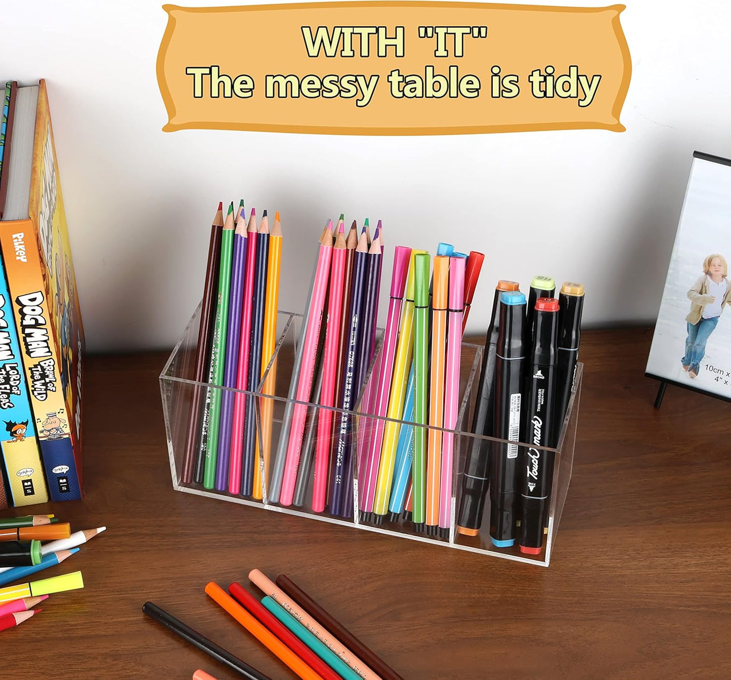 Clear Acrylic Pen Holder Handmade, 4 Slot Pencil Organizer Countertop, Pencil Stationery Organizer for Office Accessory, Makeup Cosmetic Brushes Storage, Clear Vanity Organizer for Bathroom (Clear)