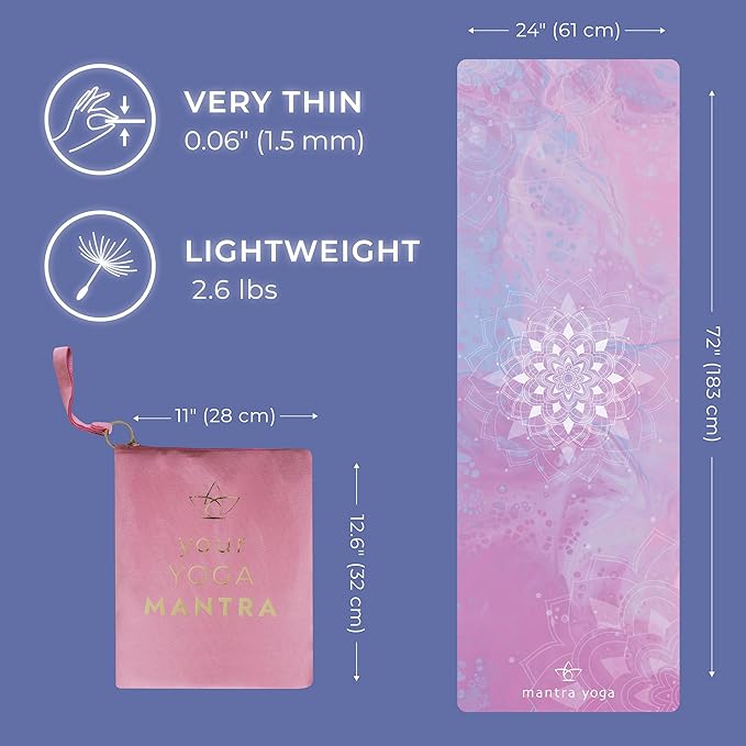 Mantra Yoga Travel PRO 1.5mm - Foldable Fitness & Exercise Mat with Bag | Lightweight, Compact & Eco-Friendly | Non-Slip & Washable | For All Types of Yoga | 72" L x 24" W | 2.6 lbs