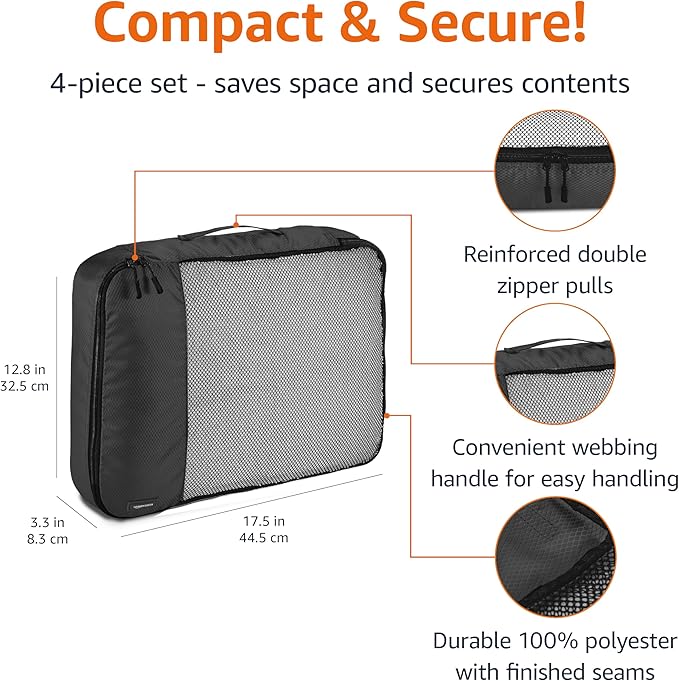 Amazon Essentials 4-Piece Packing Cubes Travel Accessories Set, Luggage Organizer with Double Zipper, Mesh Top, 100% Polyester, Large, Black (Previously Amazon Basics)