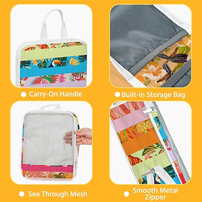 7 Pcs Compression Packing Cubes for Travel, Waterproof Suitcase Luggage Backpack Organizer with Toiletry Bag Travel Essentials for Women/Men-Tropical Pattern