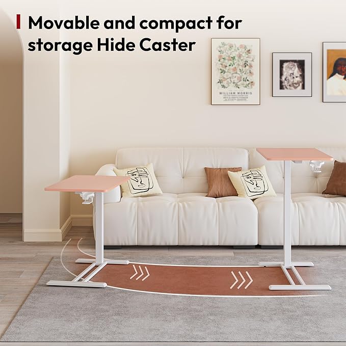 SANODESK Medical Adjustable Overbed Bedside Table with Hidden Casters, Pneumatic Mobile Laptop Computer Standing Desk Cart with Tray, Hospital and Home Use(27.6" W x 15.7" D, Pink)