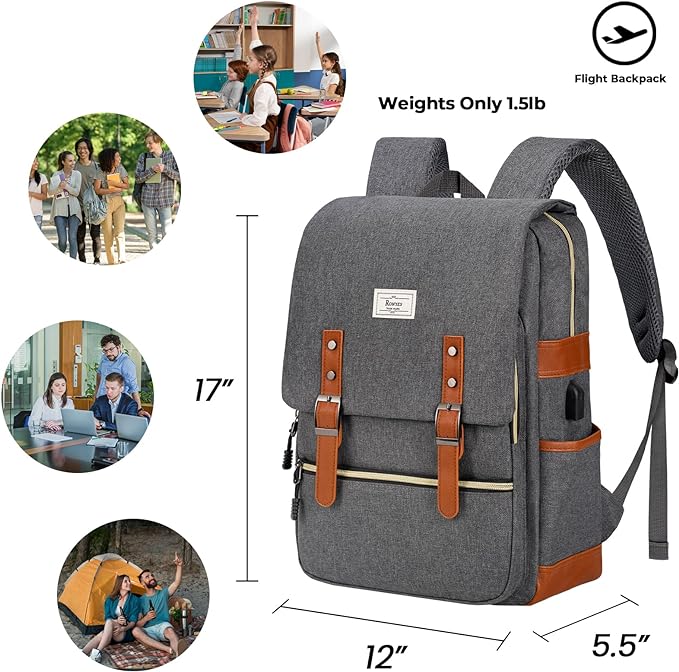 Ronyes Vintage Laptop Backpack for Women Men,15.6 inch Bookbag Casual Daypack with USB Charging Port for College Work, Grey Backpacks