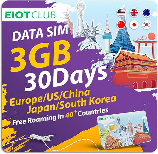 EIOTCLUB Prepaid Europe SIM Card, 3GB/30Days SIM Card, Use in China/Japan/South Korea/The US & 37 European Countries, 5G/4G High Speed Data Card (No Activation & Roaming Fees Required)
