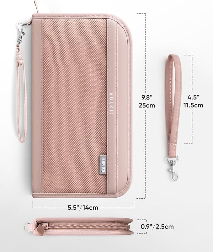 VULKIT Passport Wallet Passport Family Holder RFID Blocking Travel Card Organizer with Wrist Strap for Men or Women(Pink)
