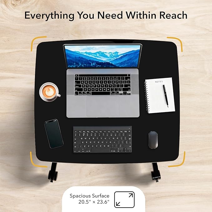 Mount-It! Rolling Laptop Desk Adjustable Height (29.6”-44.2”), Mobile Workstation Cart with 23.6” x 20.5” Desktop, Small Sit-Stand Desk for Home, Office, or Classroom in Black