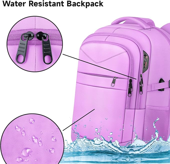 Lapsouno Laptop Backpack, Travel Laptop Backpack, 15.6 Inch Carry on Backpack with USB Port, Anti Theft TSA Travel Bag for Women, College School Backpack for Women, Light Purple
