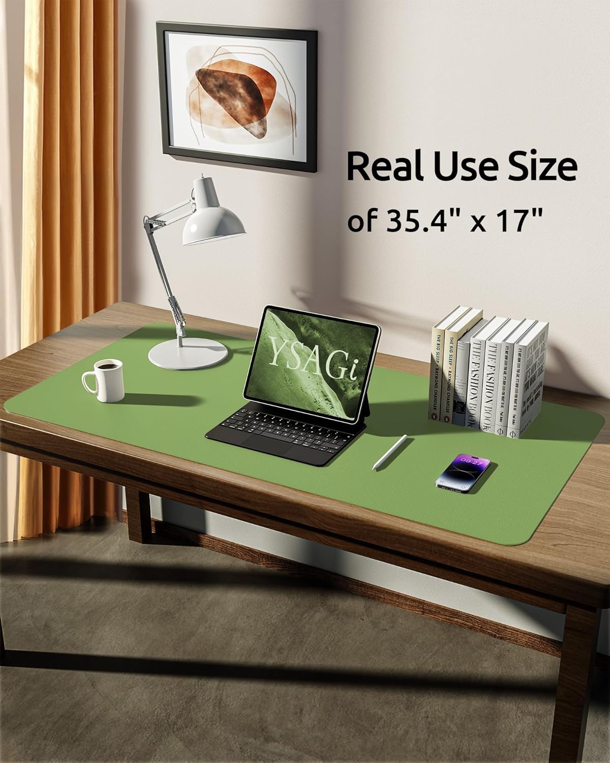 YSAGi Leather Desk Protector, Office Mat, Large Mouse Mat, Non-Slip PU Leather Blotter, Laptop Desk Pad, Waterproof Writing Pad for Office and Home (Leaf Green, 35.4" x 17")