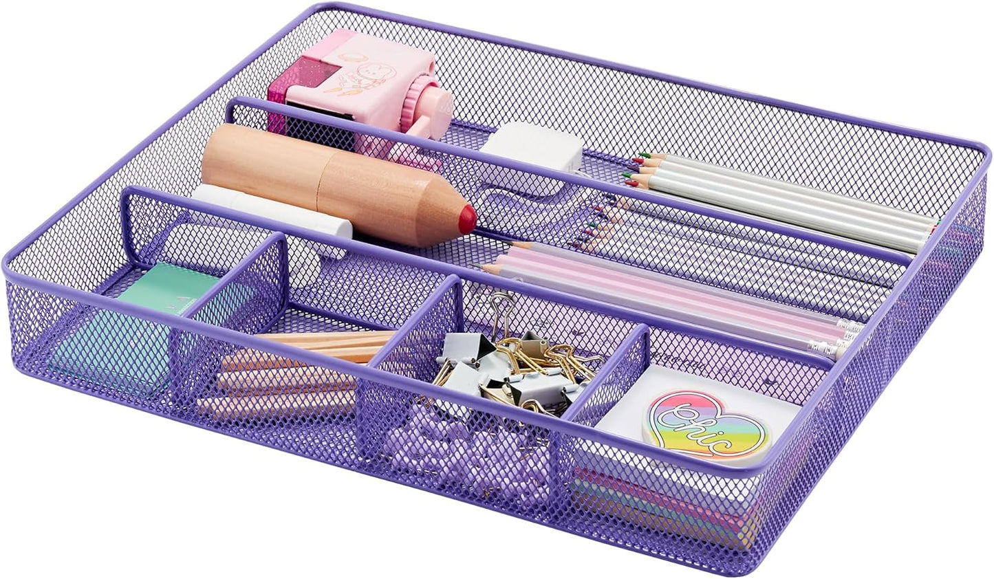 Annova Desk Top Organizer Tray for Office Organization - Metal Mesh - Storage Tray with Dividers for Pens, Desktop Accessories, Bathroom, Kitchen, Makeup and Office Supplies (Large, Purple)