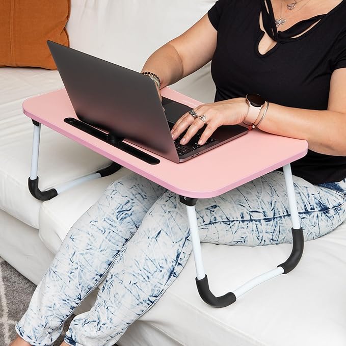Mind Reader Lap Desk Laptop Stand, Bed Tray, Folding Legs, Couch Table, Portable, MDF, 23.25" L x 13.75" W x 10.5" H, Pink
