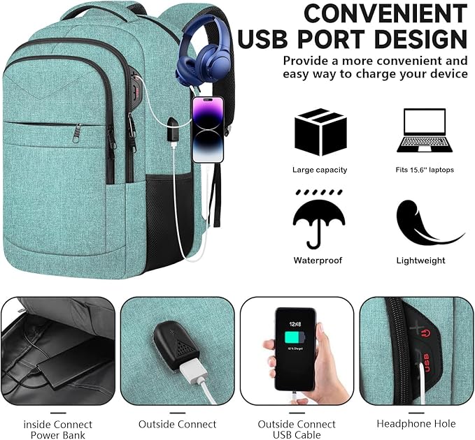 Lapsouno Business Laptop Backpack, Travel Laptop Backpack, Backpack, Anti Theft Sturdy 15.6 Inch TSA Friendly with USB Port, Water Resistant College School Computer Bag Gifts for Men Women, Lake Green
