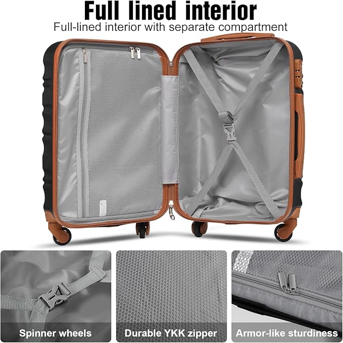 LONG VACATION Carry On Luggage Sets 3 Piece 20 Inch Suitcase Set, ABS+PC Hardshell Lightweight Travel Luggage with Spinner Wheels & YKK Zipper TSA Lock (20 INCH (BP/TB), BLACK-BROWN)