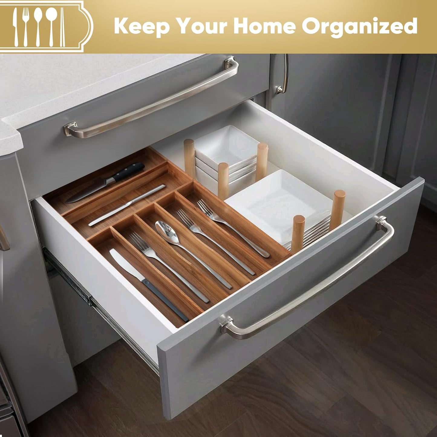 Silverware Organizer, 12.5 Inch Utensil Organizer Kitchen Drawer Organizer Acacia Silverware Holder Cutlery Tray Organizer in Drawer Flatware Organizer Tray(7 slots, Acacia）