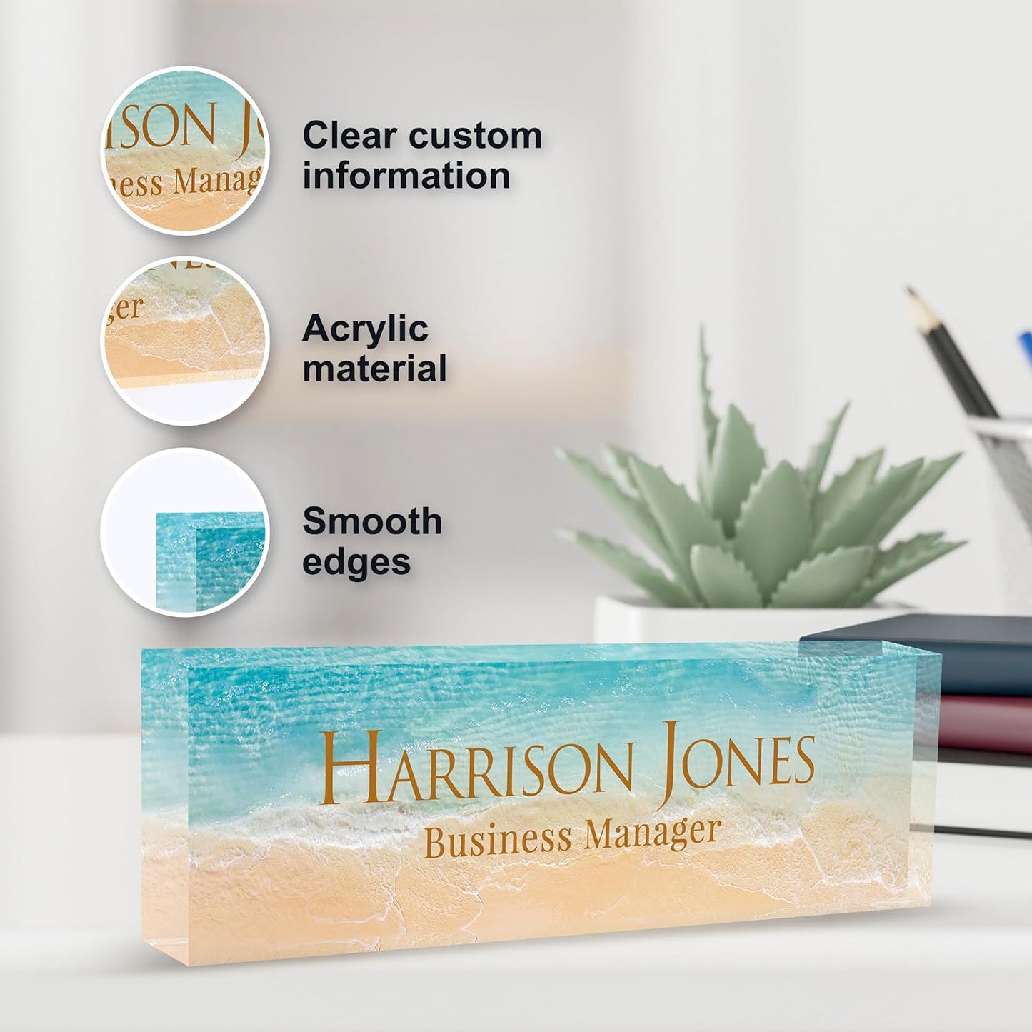 Personalized Name Plate for Desk, Custom Desk Name Plate, Acrylic Name Plate Office Desk Accessories, Personalized Office Gifts for Coworkers Teachers, Employee Appreciation Gifts (B-Beach)