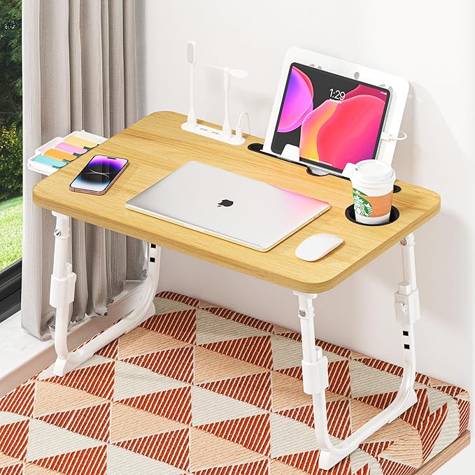 Laptop Bed Desk Height Adjustable, Bed Laptop Table with USB/Storage Drawer/Cup Holder/Tablet Stand/Book Shelf, Foldable Breakfast Tray Portable for Reading Writing, Bed, Sofa & Floor, Wood