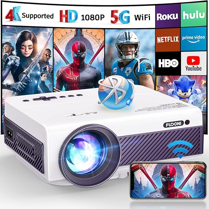 Projector with WiFi and Bluetooth, FUDONI 5G WiFi Native 1080P Outdoor Projector 15000L Support 4K, Portable Movie Projector with Keystone & Zoom, for iOS/Android/Laptop/TV Stick/HDMI/USB/VGA/TF