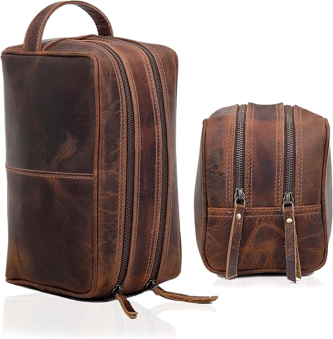 VC VINTAGE COUTURE Leather Toiletry Bag for Men Extra Large Leather Men's Toiletry Bag for Traveling Real Leather Dopp Kit for Men Leather Shaving Bag for Travel
