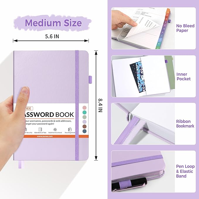 SUNEE Password Book with Colorful Alphabetical Tabs, Password Books for Seniors, Password Keeper Book for Computer and Internet Address Website Login, 5.3''x 7.7''- Purple