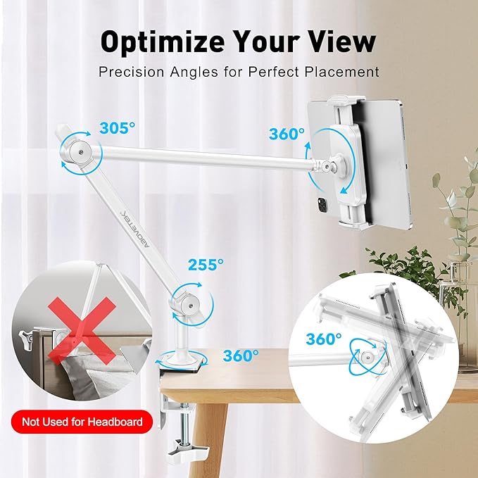 AboveTEK Tablet Stand Holder for Desk & Bed, Aluminum iPad Holder Arm with 360° Rotating Clamp, Adjustable Phone Stand Compatible with 4.7"-13.5" iPad Pro/Air/Mini, iPhone, Galaxy Tab- White
