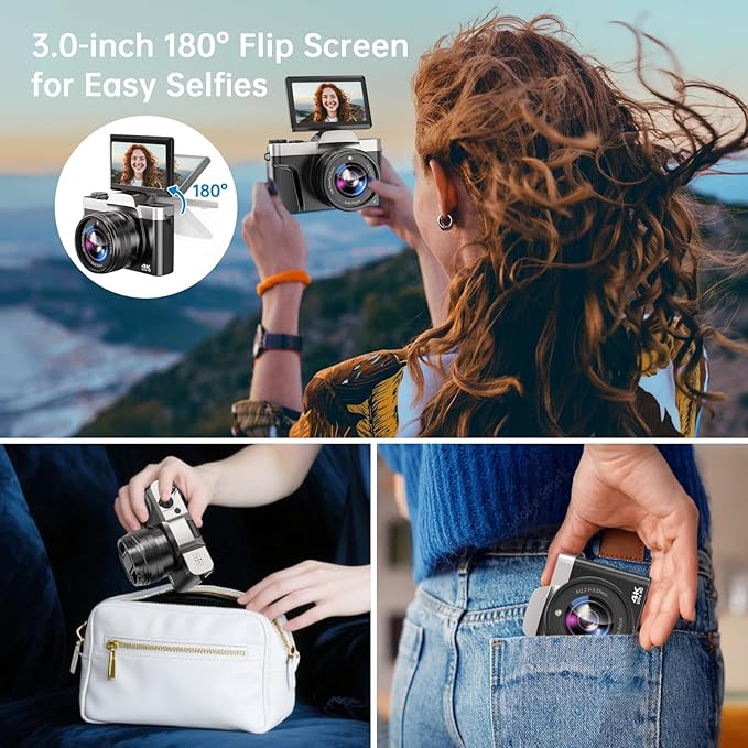 4K Digital Camera for Photography with WiFi, 2025 Latest Auto-Focus Vlogging Camera for YouTube Video 3'' 180° Flip Screen Travel Cameras 16X Zoom Anti-Shake 4K Cameras with SD Card, 2 Batteries
