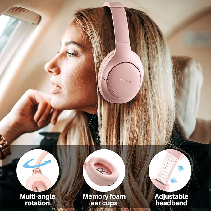 TOZO HT2 Hybrid Active Noise Cancelling Headphones, Wireless Over Ear Bluetooth Headset, 60H Playtime, Hi-Res Audio Custom EQ via App Deep Bass Comfort Fit Ear Cups, for Home Office Travel Pink