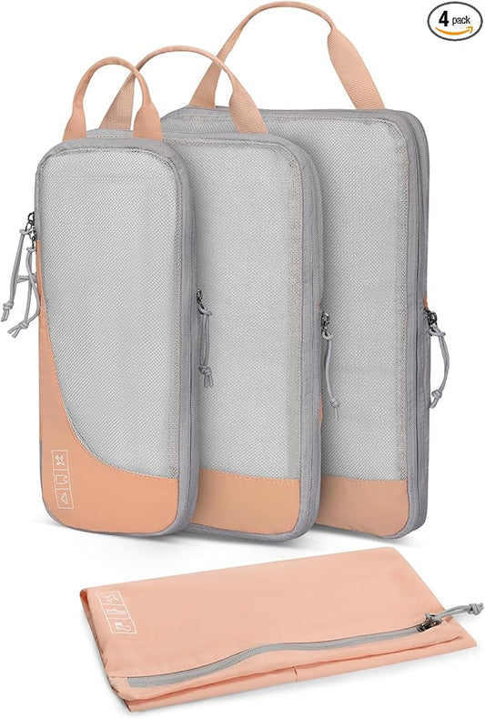 Hynes Eagle 6 Set/ 4 Set/ 2 Set Compression Packing Cubes Travel Essentials Lightweight Nylon Luggage Suitcase Organizer Bag Light Pink 4PCS