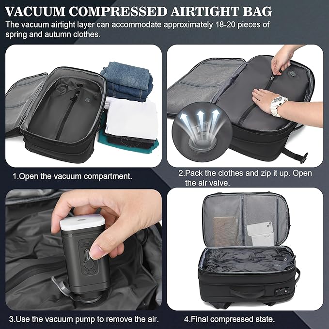 Vacuum Backpack Travel – Expandable Compression Carry On Backpack with Vacuum Pump, Water-Resistant TSA Lock Travel Bag, 17" Laptop Backpack for Men Women, Business Airplane Flight Luggage