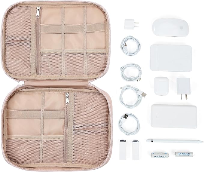 NISHEL Travel Cord Organizer Case, Tech Electronic Bag, Essentials for Charger, Cable, Phone, Hard Drive, USB, SD Card, Pink