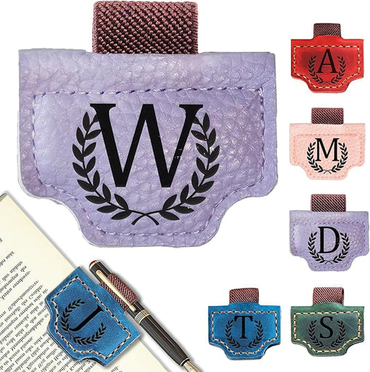 Personalized Bygone Mark Bookmark with Pen Holder, Leather Magnetic Bookmark 26 Letters Name Initial Bookmarks for Readers, Book Lover Gifts for Women Men Notebook Accessories (Purple, W)