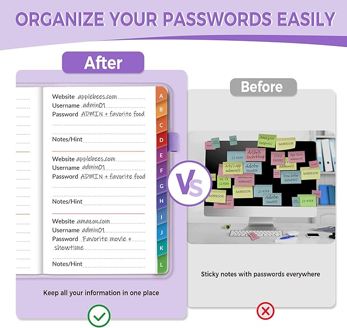 SUNEE Password Keeper Book with Colorful Alphabetical Tabs, Small Pocket Password Book for Internet Website Address Login, Gifts for Home and Office, 4''x 6''- Purple