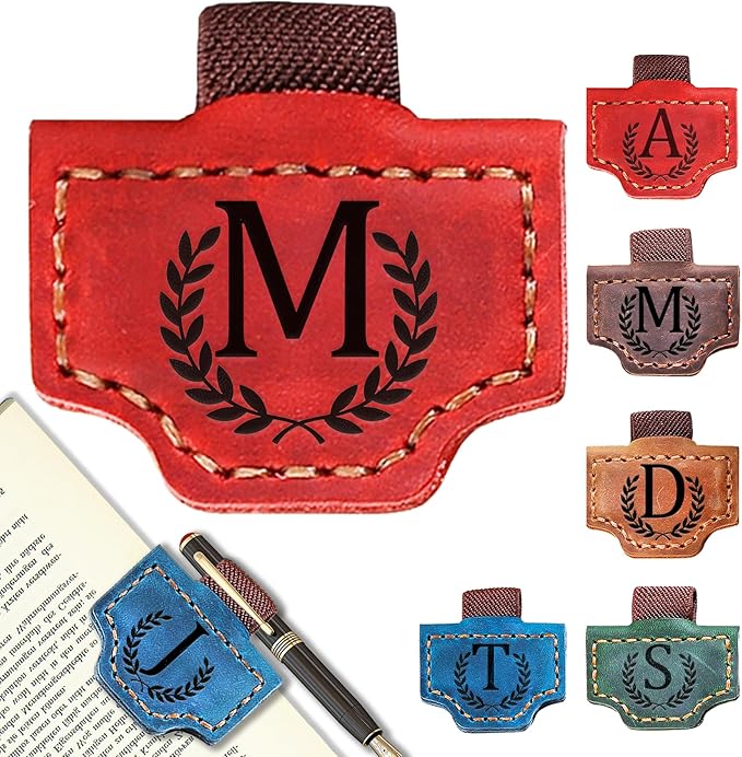 Personalized Bygone Mark Bookmark with Pen Holder, Leather Magnetic Bookmark 26 Letters Name Initial Bookmarks for Readers, Book Lover Gifts for Women Men Notebook Accessories (Red, M)