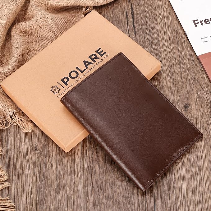 Polare Slim RFID Blocking Leather Passport Holder Travel Bifold Wallet For Men (Coffee)