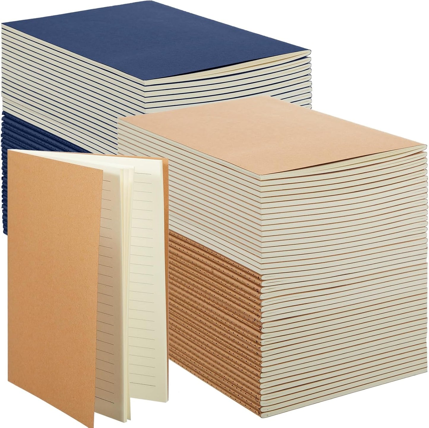 Mimorou 100 Pcs Kraft Notebook Journals 5.5 Inch x 8.3 Inch A5 Softcover Notebooks Bulk for Writing Sketch Office Notepad with 60 Pages 30 Sheets(Brown, Navy,Unlined)