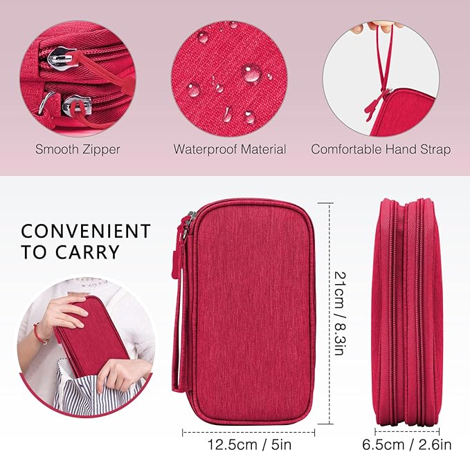 Skycase Electronic Organizer Travel Case - Waterproof Travel Cord Pouches for Organization, Cable Organizer, All-in-One Double Layers Storage Bag for Accessories, Charger, Cable, Wine Red