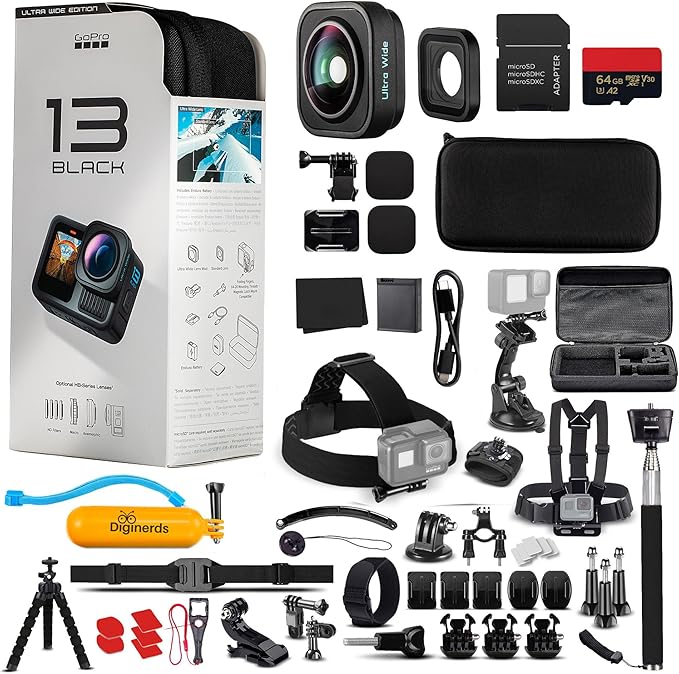 GoPro HERO13 (Hero 13) Ultra Wide Edition in Black - Waterproof Action Camera - 5.3K HDR Video, 27MP Photos, 1/1.9" Image Sensor, Live Streaming, Webcam + 64GB Card & 50 Piece Accessory Kit - Bundle