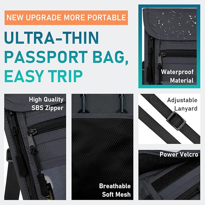 sundee Travel Neck Wallet with Double Zippers, RFID Blocking Passport Holder with Adjustable Neck Strap to Keep Cash, Credit Cards and Travel Documents Safe - Dark Gray