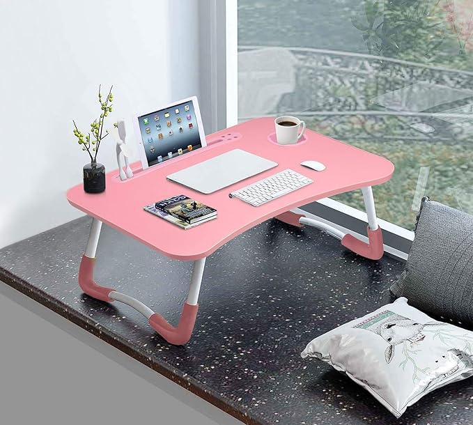 Slendor Lap Desk with Cup Holder, Foldable Laptop Table for Bed, Portable Bed Desk for Laptop and Writing, Computer Tray with Tablet Slot, Notebook Stand Reading Holder for Couch Sofa Floor,Pink