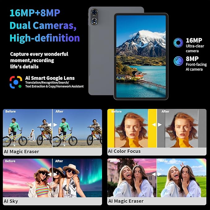 2025 12 Inch Tablet, 24GB（8+16） RAM+256 Storage(Expand to 1TB), Android 15 Tablet with Keyboard, Octa-Core, 2K 2000x1200 Display, 16MP Dual Camera, 8000mAh, 5G WiFi,GPS,Bluetooth 5.0（Black）