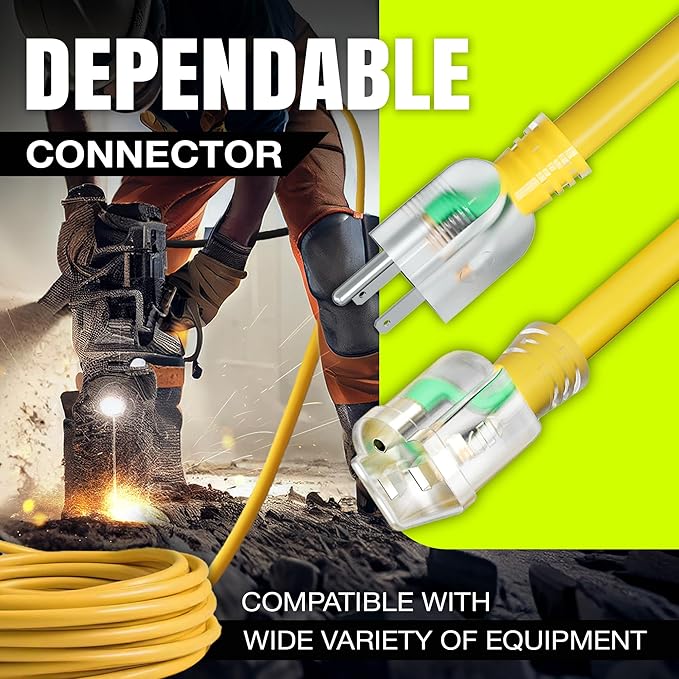 10ft Outdoor/Indoor Extension Cord 12/3 Gauge Extra Heavy Duty 3 Prong SJTW, Waterproof, Flexible Cold-Resistant Long Power Cord,15A 125V 1875W, Yellow by LifeSupplyUSA