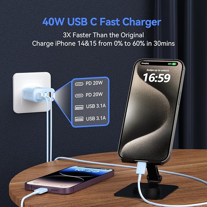 USB C Wall Fast Charger Block, 40W 4-Port Type C Chargers Fast Charging Blocks PD Power Charger Adapter+QC 3.0 USB Multiport Charger Brick for Phone 17/16/15/14/13/12 Pro Max, i-Pad, Galaxy S25-2Pack