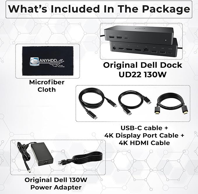 UD22 Dell Docking Station Dual Monitor Bundle - USB-C/USB-A Universal Dell Dock for Laptops with 130W Adapter + 4K HDMI Cable + 4K DisplayPort + USB-C Cable + Microfiber Cloth - Supports 4K Display