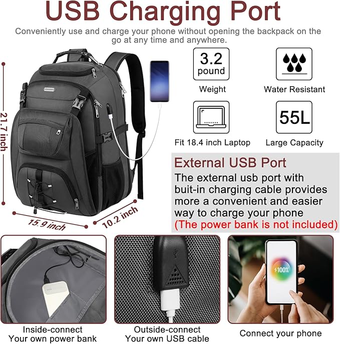 TSA Friendly Travel Laptop Backpack 18.4 inch XXXL Gaming Backpack Water-Repellent College Daypack Business Backpack with RFID Pockets & USB Port for Men