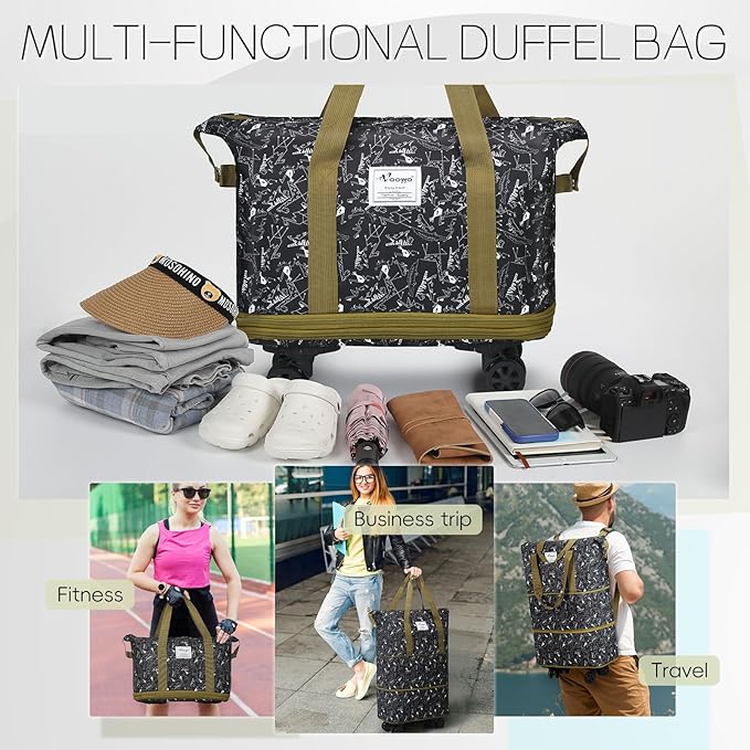 VOOWO Duffel Bag with Wheels - Rolling Foldable Expandable Duffle Bag with Wheels for Travel, Rolling Luggage Carry On Bag with Wheels, Large Rolling Backpack Weekend Bags for Men Women (Animal)