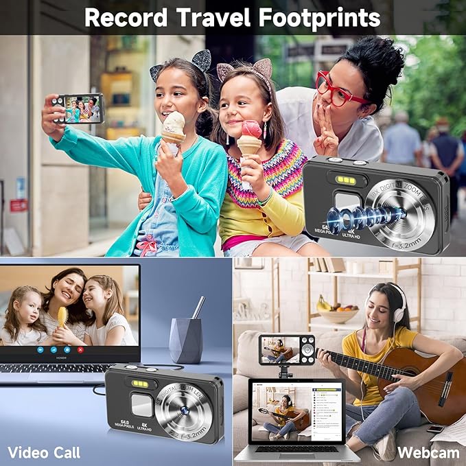 Digital Camera, Autofocus 4K 64MP Point and Shoot Digital Cameras for Teens with 64GB Card, 18X Zoom Anti-Shake Compact Video Camera for Student Kids Boys Girls Beginner - Black