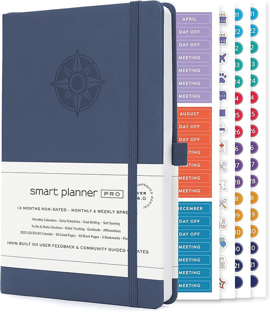 Smart Planner Pro – Undated Daily Planner – Small A5 – Achieve Goals & Increase Productivity – Weekly, Monthly, Work Sections, Organizer Diary with Back Pocket, 3 Satin Bookmarks & Pen Holder