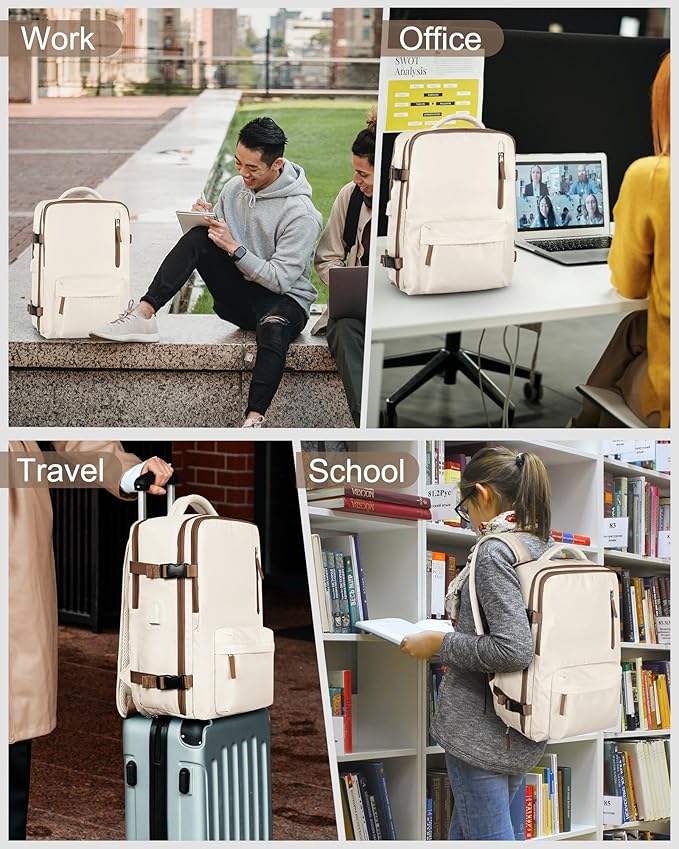 VECAVE Carry On Backpack for Women,Large Travel Backpack Flight Approved,Waterproof 15.6 Inch Laptop Backpack Business Work Backpacks Men Mochila De Viaje WhiteBrown
