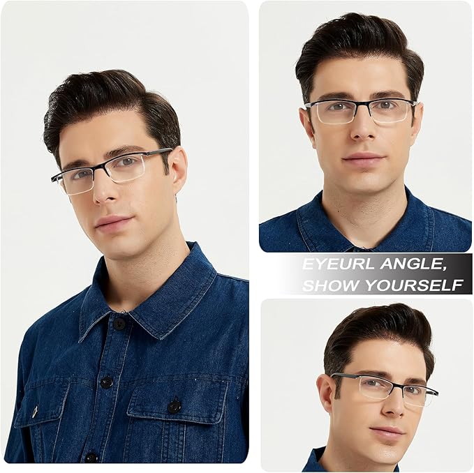 EYEURL 4-Pack Half Frame Blue Light Reading Glasses for Men Rectangle Semi Rimless Readers for Women Spring Hinge Eyeglasses